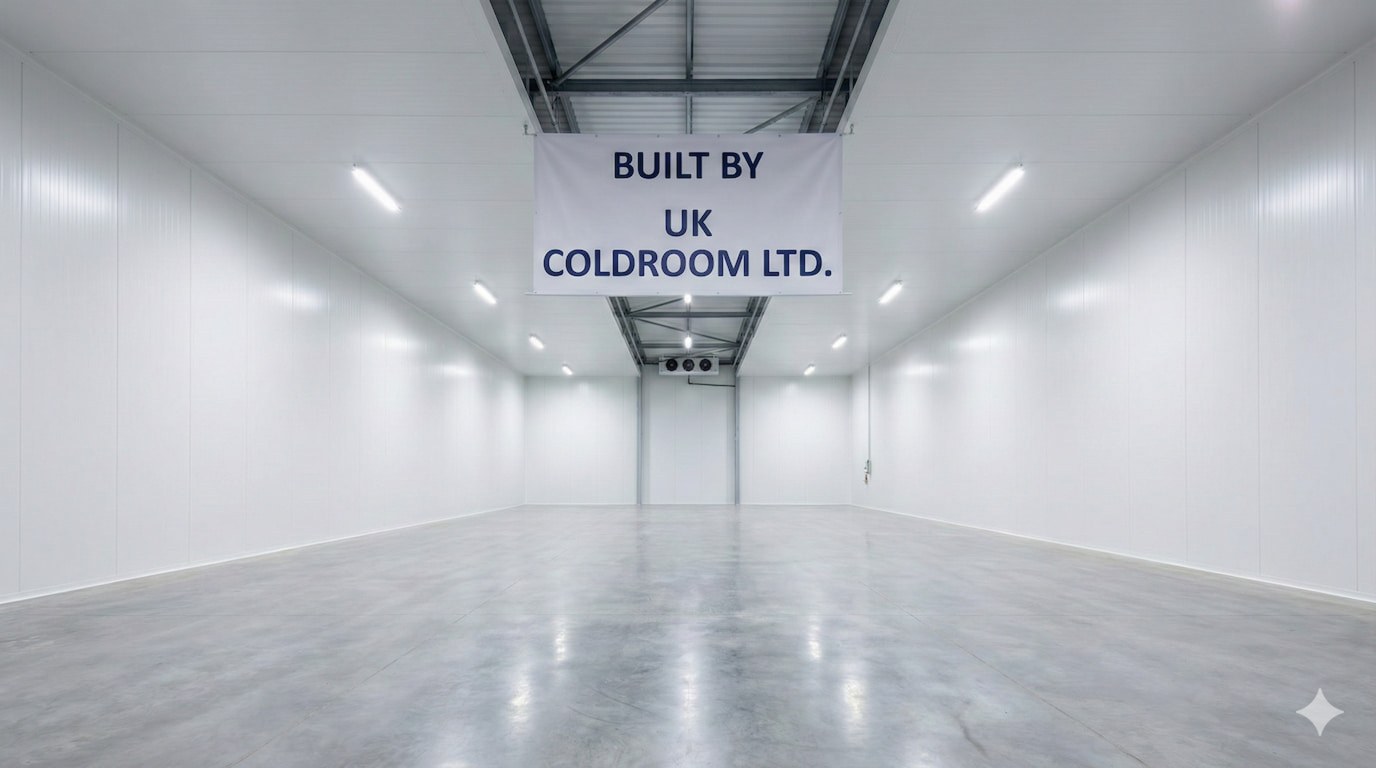 Large commercial cold room with the Built by UK Coldroom LTD sign