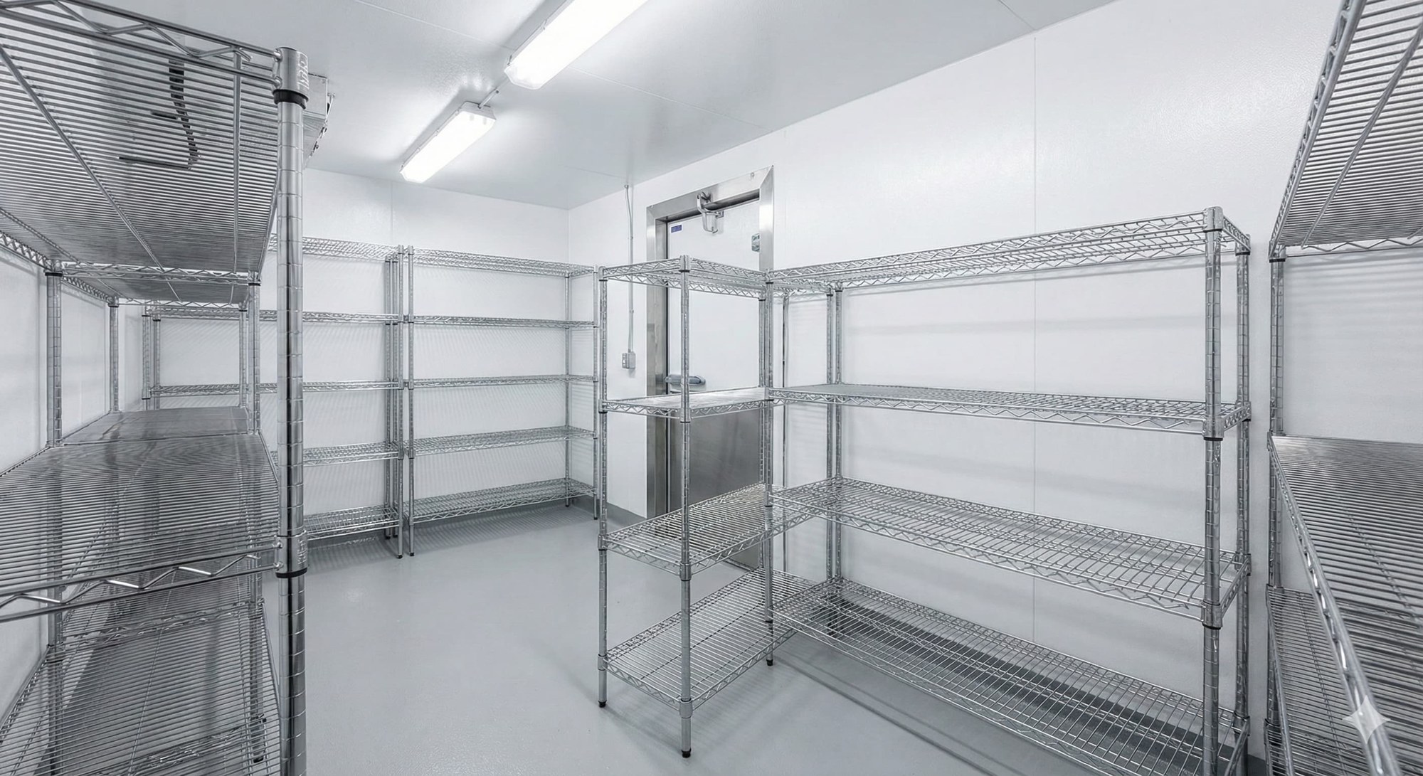 Cold room interior with commercial storage shelving